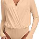 Vrtige Women's Wrap V Neck Long Sleeve Pleated Bodysuit Leotard Top, Small