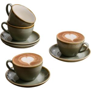 SHUER Ceramic Latte Coffee Cup Set of 4, 7.8 Oz Tea Cup and Saucers Sets,Glaze Americano Cups and Macchiato Coffee Cups,Low Tea Time Mug Set Great for Party (Light Cyan 220ML)