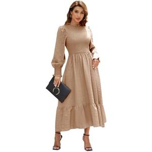 Ferrendo Women's 2025 Spring Fall Midi Dress Casual Long Sleeve Crew Neck Smocked Tiered Long Flowy Dresses with Pockets, Size M