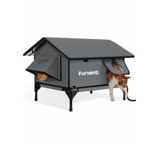 Heated Cat House for Outside,Extremely Weatherproof&Insulated in Winter,Elevated Outdoor Cat Shelter with Waterproof Eaves&Escape Door for Feral Stray Barn Cats(Dark Grey,M)