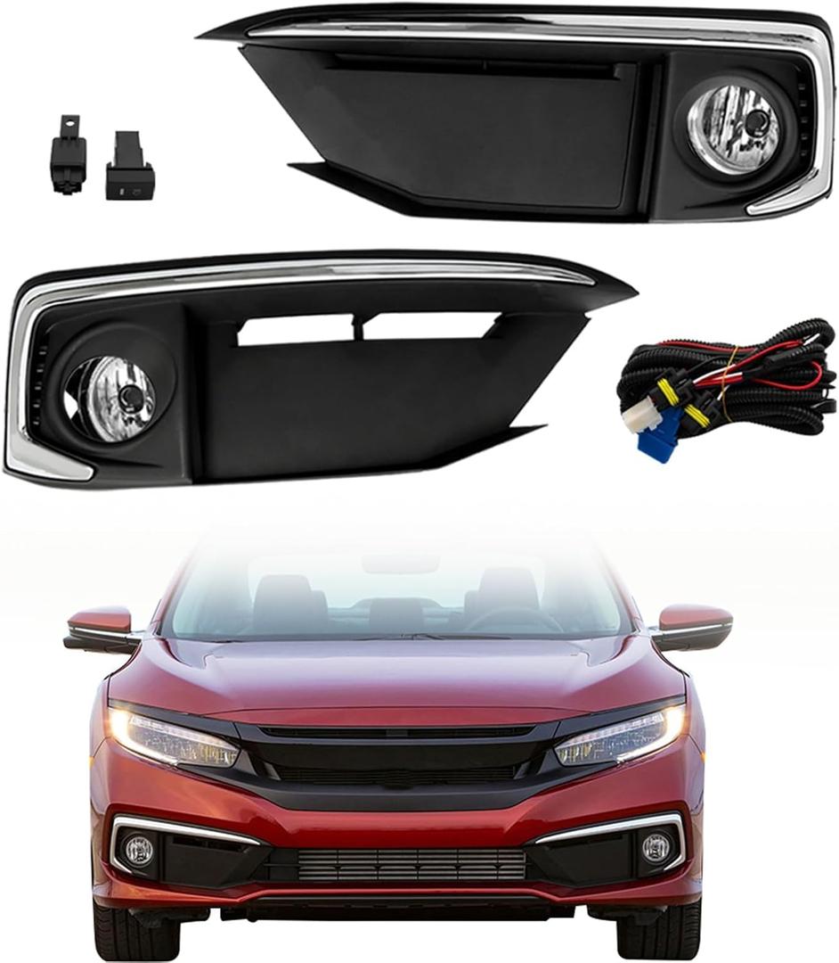 WFLNHB Left and Right Fog Lights Repalcement for Civic Sedan 2019 2020 (4-door) with Bulbs Covers Harness Switch Kit Driving Lamps Fog Lights 33950TBAA01