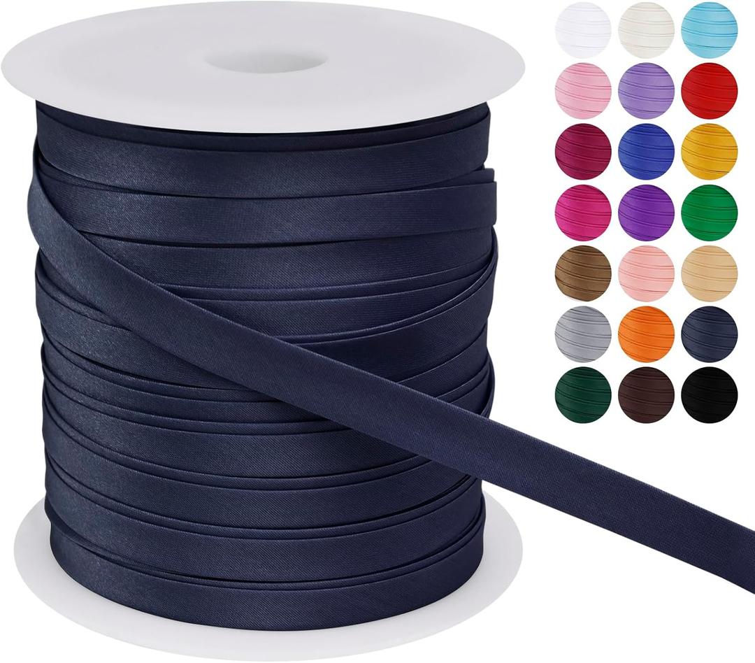 LEREATI Satin Bias Tape Double Fold 2/5 Inch x 55 Yards, Bias Tape for Sewing, Polyester Quilt Binding Tape, Piping Trim Fabric Tape for Hemming, Seaming, DIY Crafts (Dark Blue)