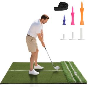 Real Feel Golf Hitting Mat, Large Double Turf(5x4ft), Golf Indoor and Outdoor Practice Mat with Sight Line and Approach Angle Aid, for Swing, Chipping, Putting