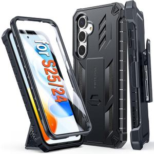 FNTCASE for Samsung Galaxy S25 Case: Military Grade Rugged Cell Phone Cover with Kickstand & Belt Clip Holster | Shockproof TPU Protection Bumper Design for Galaxy S24 Cases 6.2 inch - Black