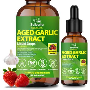 Aged Garlic Extract Liquid Drops, Odorless Garlic Supplement with CoQ10 Cayenne Hawthorn Berry Nattokinase Omega-3 Vitamin B6 & B12 for Heart Immune Health Support, Grown Allium Sativum Bulb, EXP:02/15/2028