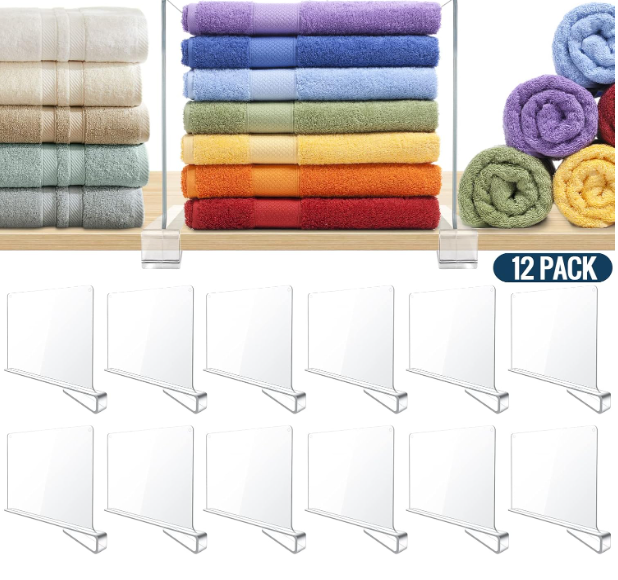 12 Pack Clear Acrylic Shelf Dividers for Closet Shelf Organizer of Bedroom Kitchen Office Bathroom Organizer for Clothes Books Hats and Handbags