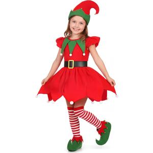 Gortykor Girls Elf Costume Christmas Elf Dress Suit for Girls Christmas Santa's Helper Costume (7-8 Years)