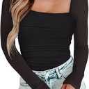 PINKMSTYLE Womens Square Neck Mesh Long Sleeve Bodysuit Shapewear Corset Tops Sexy Concert Outfits Party Shirts (Medium, Black)