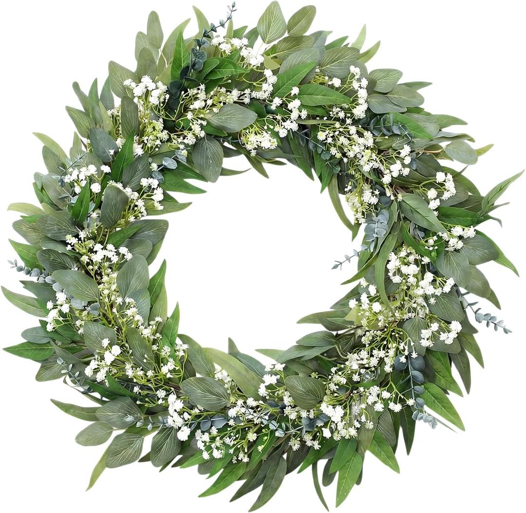 32" Spring Summer Wreath for Front Door Extra Large Fake Floral Wreath with Eucalyptus Leaves and Baby's Breath for Window Farmhouse Festival Holiday Party Wedding Home Seasonal Decor