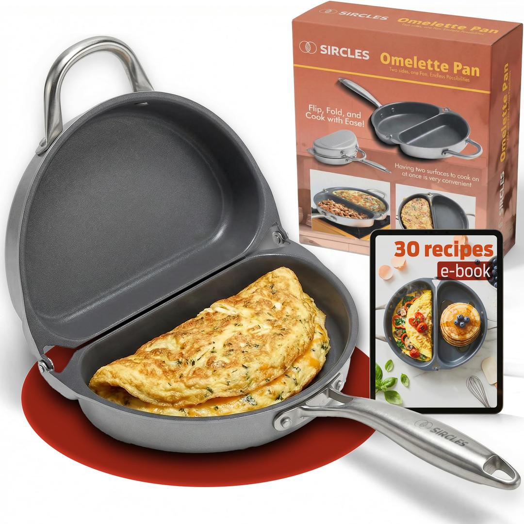 SIRCLES Omelette Pan Double Sided Non Stick Omelette Maker, 3004 Aluminum, Induction Compatible, Dishwasher Safe, PFOA Free, Flip Lock Egg Pan with Spatula & Recipe eBook, Omelette Makers
