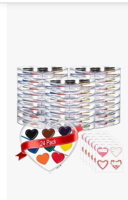 ARTLYMERS 24Pack Watercolor Paint Set, 8Colors Heart Water Color Paint Sets for Kids with Paintbrush Washable, Valentines Gifts Art Supplies for Preschool Classroom Party Favor Prizes Exchange