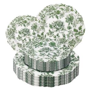 WDF 20PCS Green Plastic Plates Floral - Baroque White and Green Plates - Floral Party Decorations for Birthdays/ Tea Party/ Easter