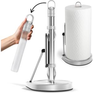 Stainless Steel Paper Towel Holder with Tension Arm and Spray Pump  One-Handed Tear, Smart Traction System, Heavy Duty Suction Cups, Weighted Base, Kitchen Towel Dispenser for Countertop Use (Silver)