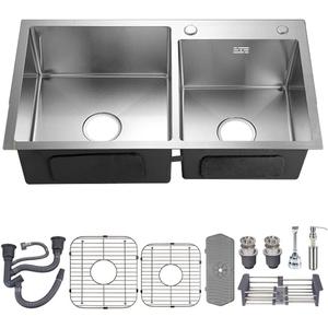 Double Bowl Kitchen Bar Sink, 32.3x17.7In Stainlee Steel Drop In Topmount Kitchen Sink with Gift-Soap Dispenser, Faucet Mat, Drain Strainer Set for Modern Kitchen Sink
