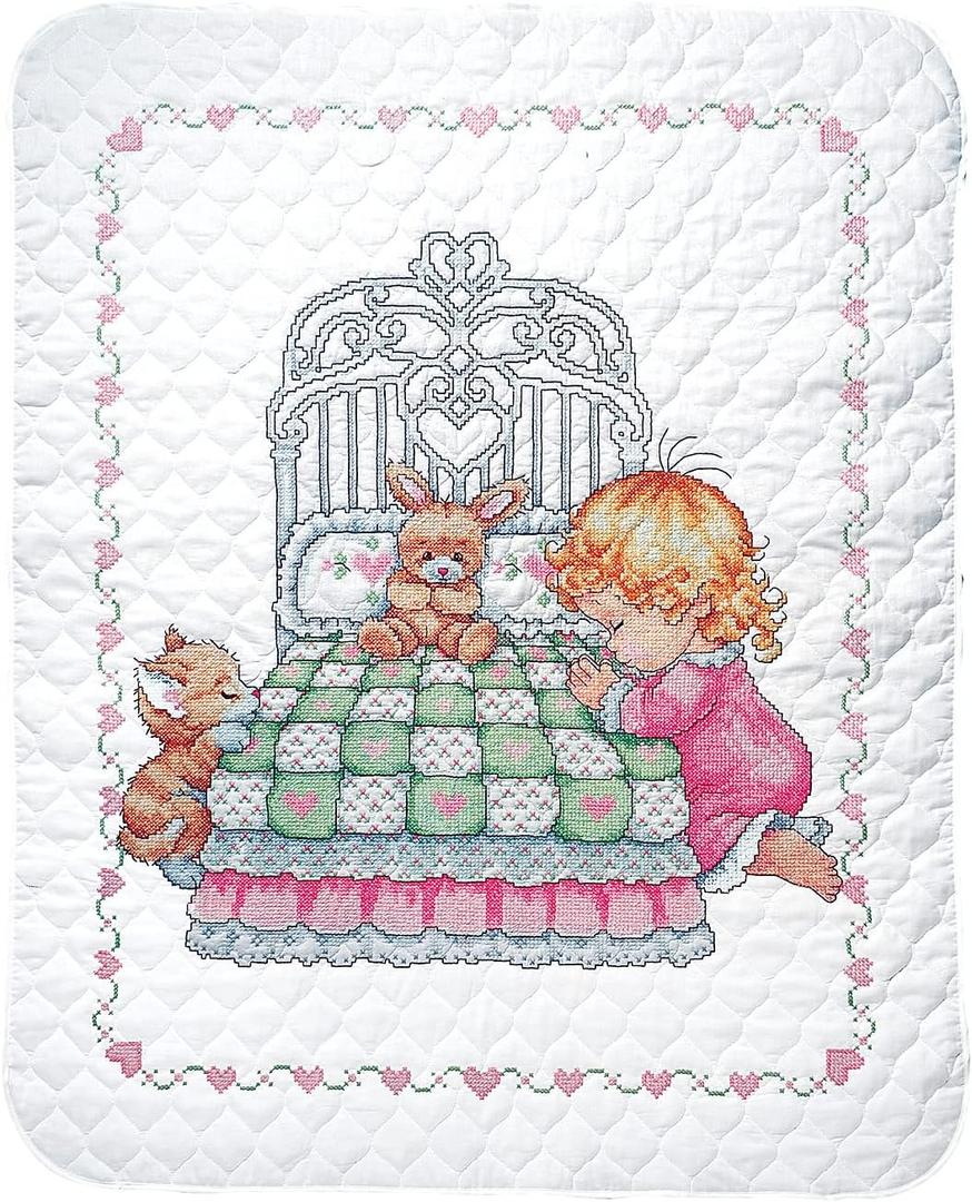 Tobin Bedtime Prayer Girl Quilt Stamped Cross Stitch Kit, 36 by 43-Inch,White, 34 x 43 inches