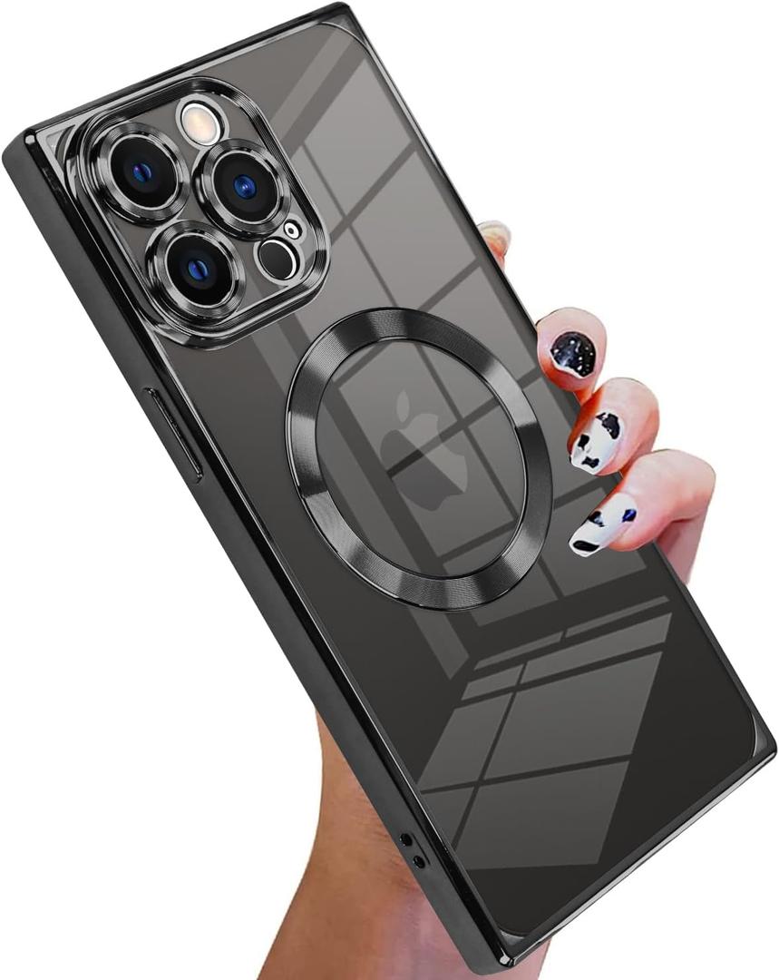 KANGHAR Case Designed for iPhone 15 Pro Max Magnetic Clear with Camera Lens Protector[Compatible with MagSafe] Luxury Cute Plating Design Full-Body Shockproof Protection Cover Black