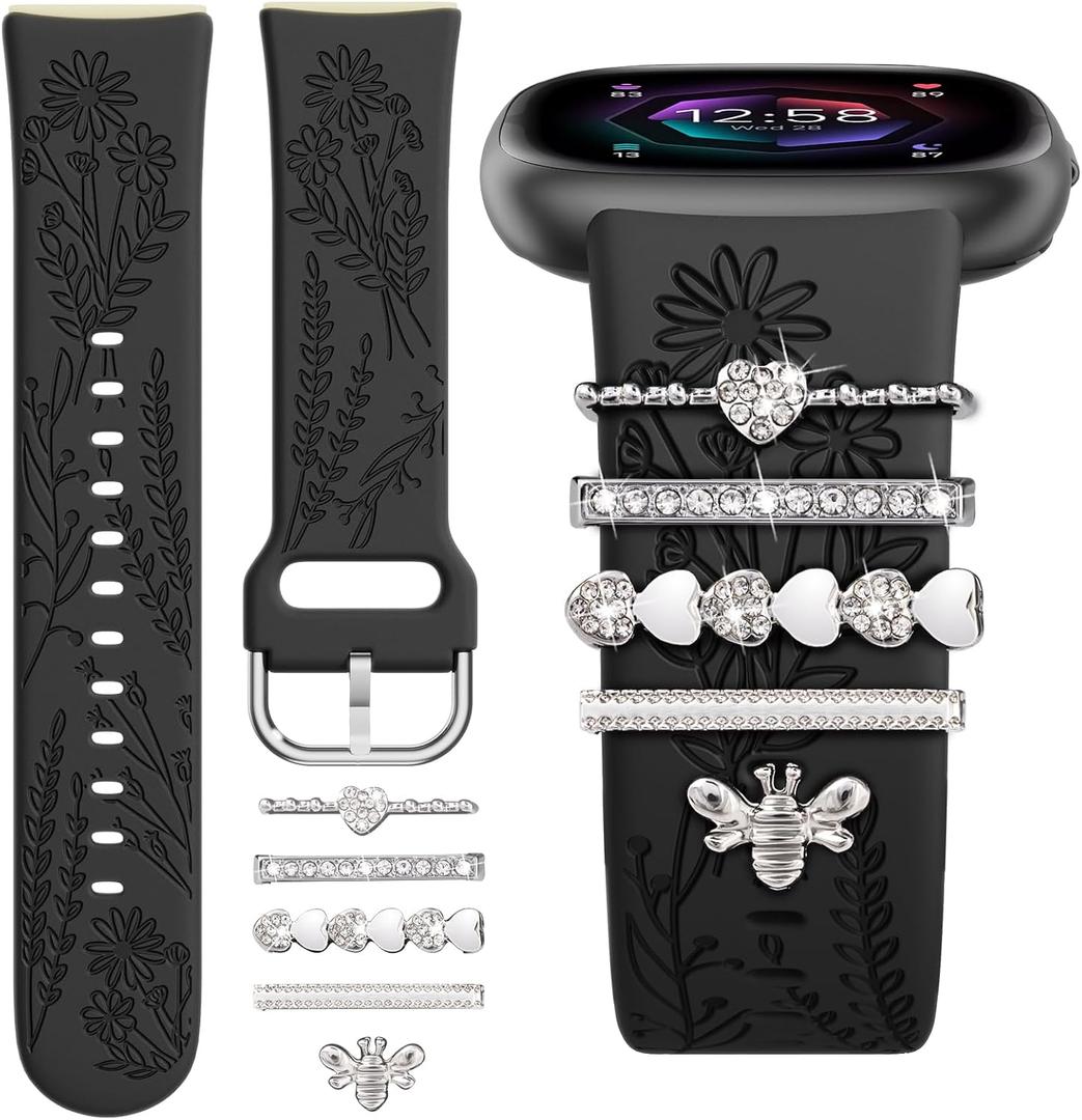 Wildflower Engraved Bands Compatible with Fitbit Sense 2, Versa 4/3, Sense Band with Charms, Soft Silicone Replacement Wristbands Strap with Cute Decorative Rings Accessories for Women