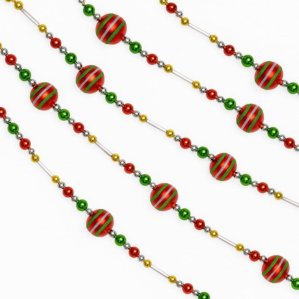 Christmas Tree Garland  Red, Green, Gold, Silver 10-Foot Beaded Holiday Garland with Decorative Striped Acrylic Balls  Festive Xmas Decoration for Mantel, Tree, Stairs, and More