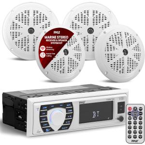 Pyle Marine Radio Receiver Speaker Set 12v Single Din Style Bluetooth Compatible Waterproof Digital Boat In Dash Console System with Mic 4 Speakers, Remote Control, Wiring Harness PLMRKT38W (White)