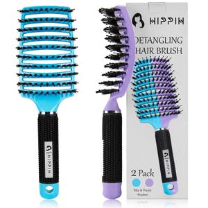 HIPPIH 2 Pack Boar Bristle Hair Brush, Wet & Dry No Pull Curved Vented Hair Brush, Styling Magical Brush Detangler for Kids & Men, Hairbrush for Women Can Adds Shine & Smooth Curly Thick Hair (Blue & Purple)