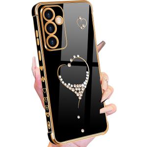 Petitian for Samsung Galaxy A54 5G Case, Bling Women Girls Designer Shiny Cute Girly Aesthetic Love Hearts Pattern Gold Plated Phone Cover for Galaxy A54 5G, 6.4'' Black