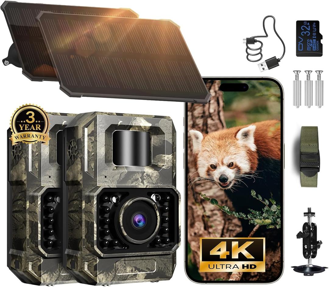 MAXDONE Solar Trail Camera 2 Pack - 4K 64MP WiFi Bluetooth Solar Deer Camera with Night Vision Motion Activated, Game Camera IP66 Waterproof, Wildlife Cameras Built-in Battery Rechargeable Power
