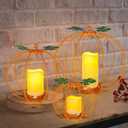 Halloween Light Up Pumpkin Lantern, 3 Pcs Metal Orange Pumpkin Candle Holders with Timer Flickering Yellow LED Candle Lights for Thanksgiving Halloween Harvest Fall Home Decor
