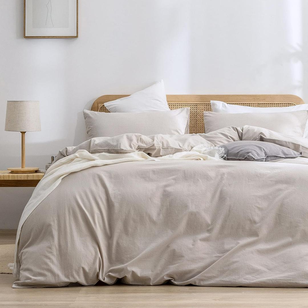 BESTOUCH Duvet Cover Set 100% Washed Cotton Linen Feel Super Soft Comfortable Chic Lightweight 3 PCs Home Bedding Set Solid Linen Grey Full/Double (Full (80" x 90"))