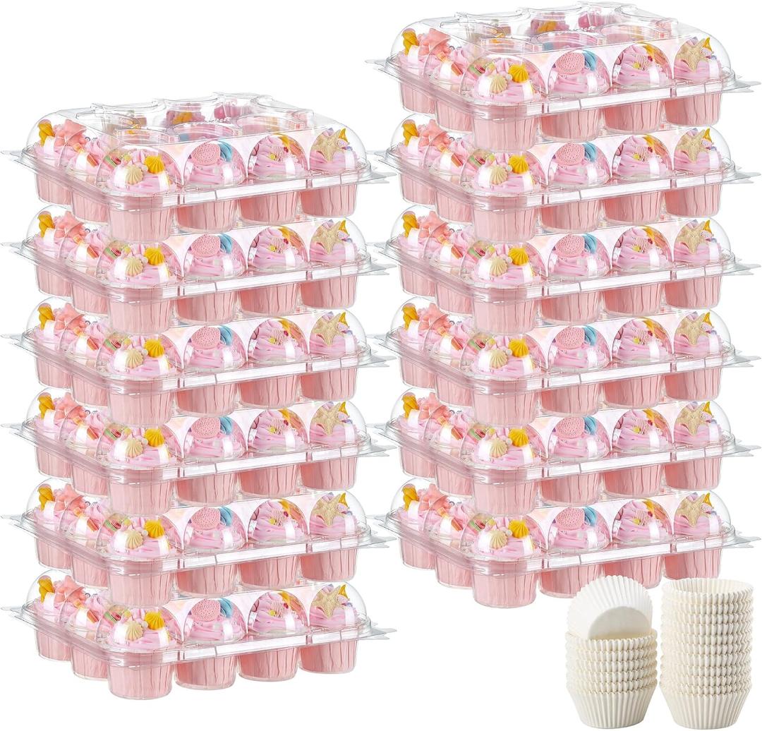 BORPEIN (12 Pack x 12 Sets) Cupcake Containers,Sturdy Strong Cupcake Boxes for 12 Cupcakes,Clear Disposable Cupcake Trays/Containers/Holders