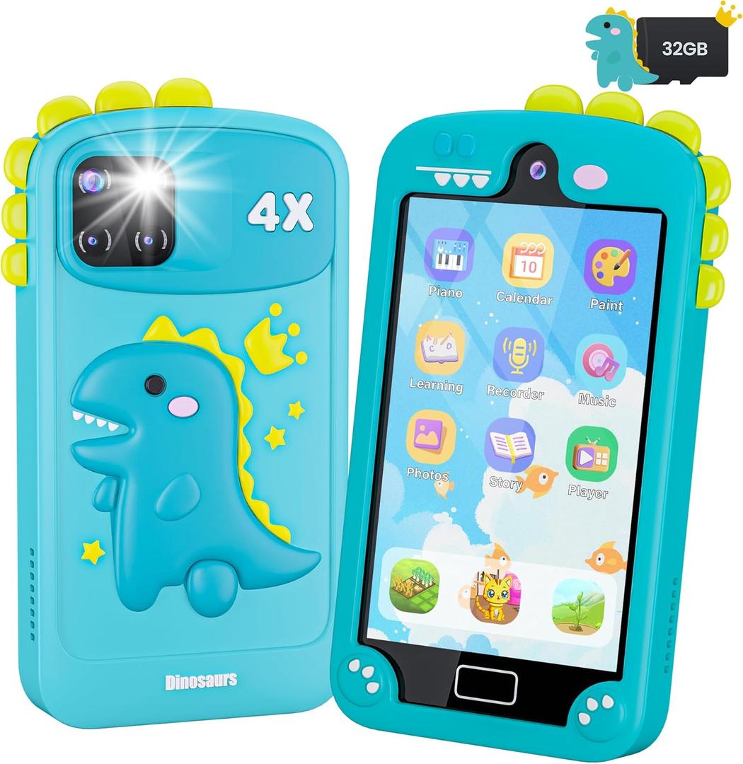 Kids Smart Phone for Boys with 4.0" Large Touchscreen, 32G Card for Age 3-10 Kids Toys Cell Phone with Holographic Pyramid, Toddler Learning Toy, Dual Lens, Music Player (Cyan-Blue)