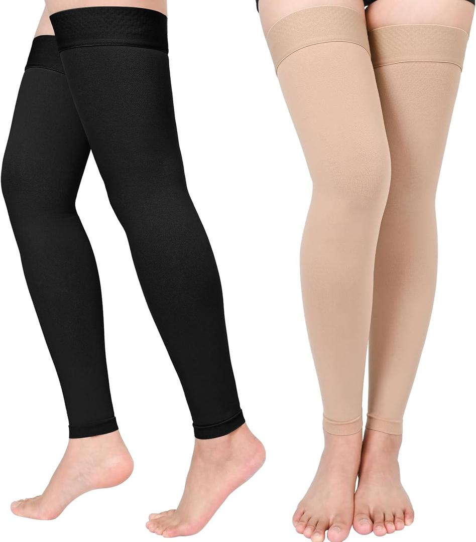 Compression Stockings for Women & Men, 2 Pairs 15-20mmHg Thigh High Compression Socks for Varicose Veins, Swelling, Pregnant (Small, Footless/Black*Beige/2 Pair)