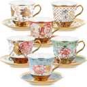 Set of 6 Tea Cups and Saucers Tea Party Decorations Floral Porcelain 5.4 oz British Gift for Women Birthday Party, Church, and Mother's Day (Stylish Style)