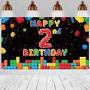 Panelee Building Block Birthday Banner Building Blocks Party Backdrop Decoration Happy Birthday Banner Photography Background for Party, 72.8 x 43.3 Inch(Black,2nd)