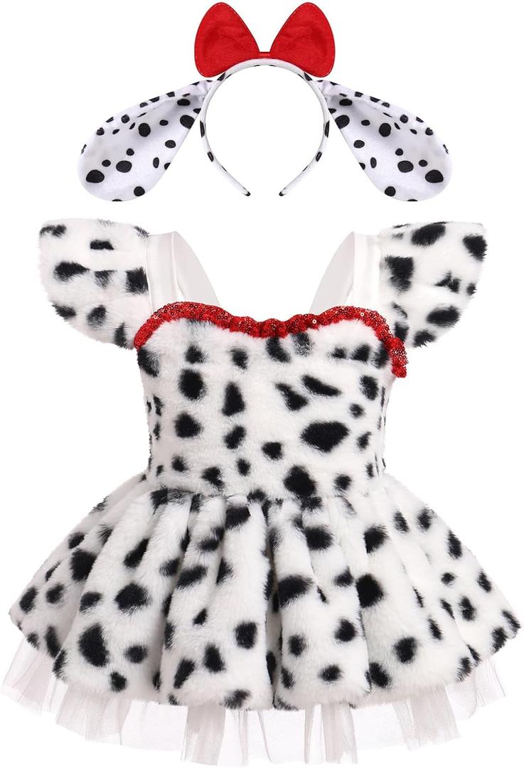 AWIBMK Baby Girls Dalmatian Cow Dress with Ears Headband Halloween Costume Cosplay Role Play Cake Smash Clothes 3-24 M (12-18 Months, Black White Dalmatian)