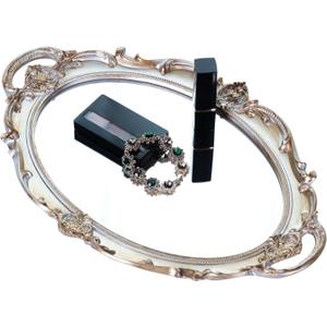 Zosenley Polyresin Ellipse Antique Decorative Mirror Tray, Makeup Organizer, Jewelry Organizer, Serving Tray, 9.8x 14.6, Golden Silver