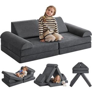 Kids Couch Play Couch Large, Miss Fabric Modular Foam Floor Sofa Soft Play Equipment, Convertible Sofa Bed and Playhouse (Darkgrey)