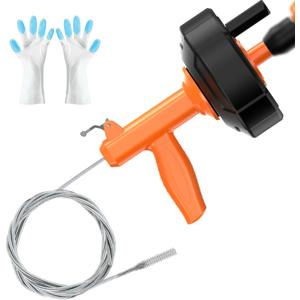 Drain Snake, Drain Auger with Drill Attachment, 25 Feet Plumbing Snake Auto Feed Flexible Hair Drain Clog Remover for Kitchen, Bathroom and Shower Sink with Gloves (Orange)