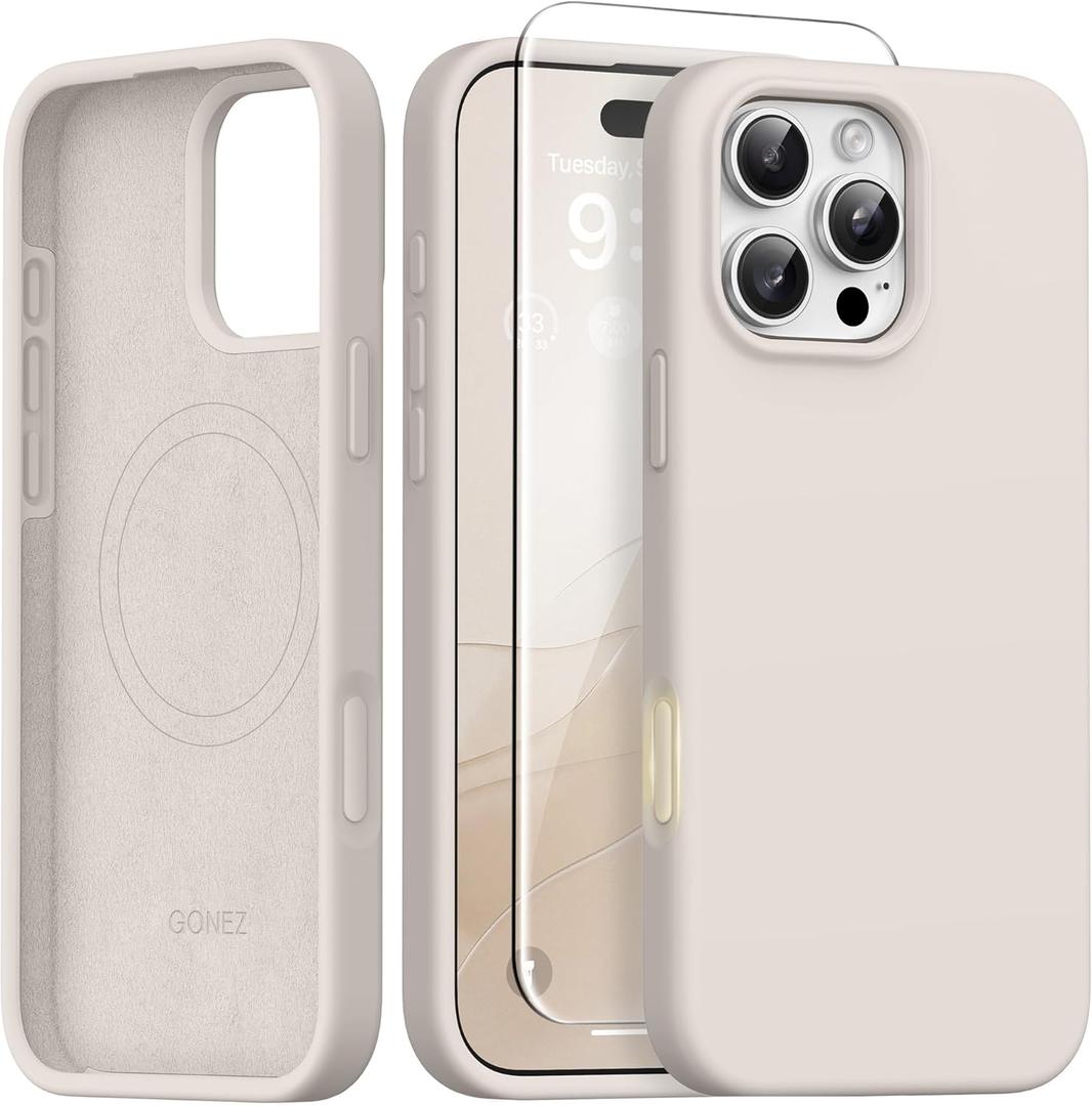 GONEZ Magnetic for iPhone 16 Pro Case, [Compatible with MagSafe] Anti-Scratch Microfiber Lining & Screen Protector, Silicone Camera Control, Shockproof Slim Phone Cover 6.3 inch, Stone
