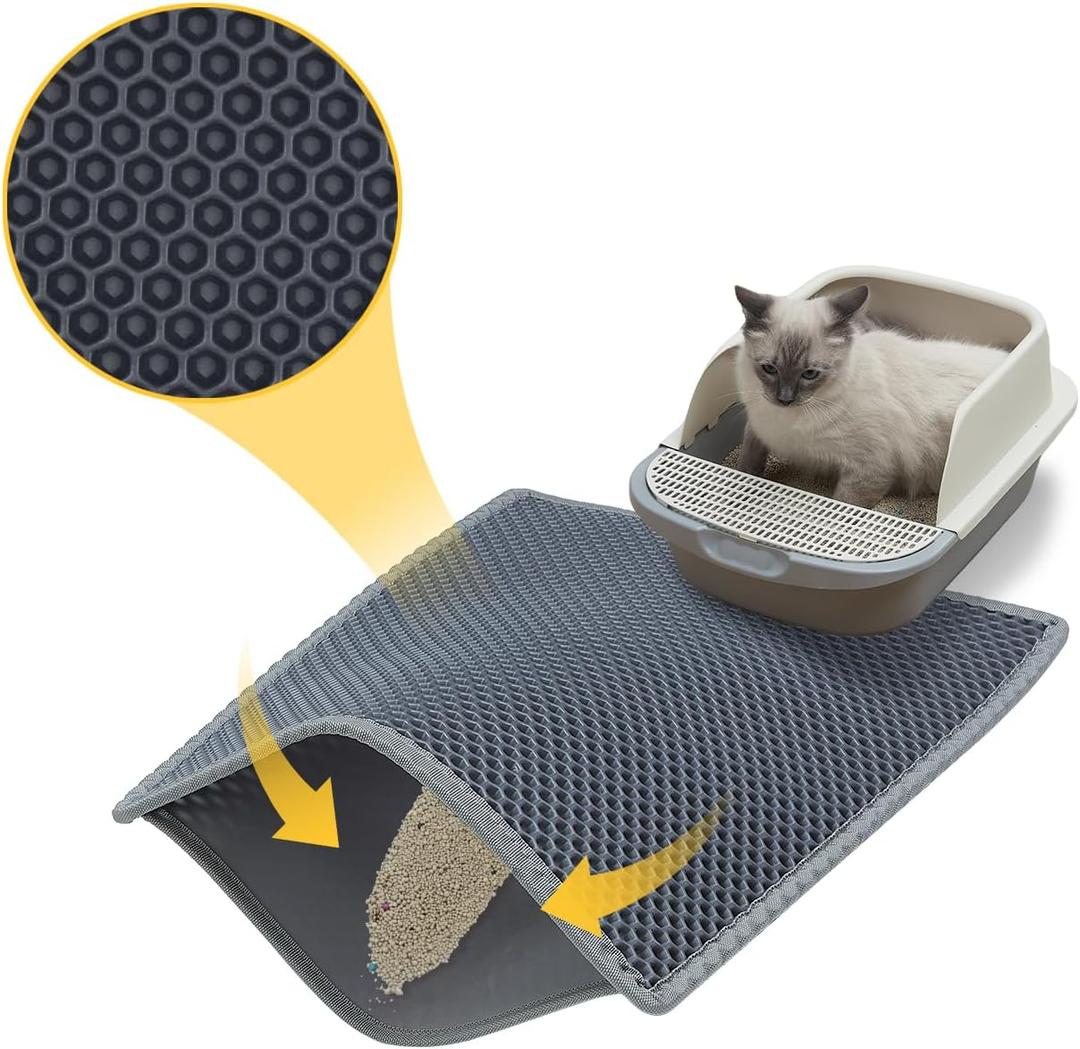 Cat Litter Mat, Litter Box Mat, Large Double Layer Waterproof Proof Trapping mat, Non-Slip Design, Kitty Litter Rug, Cat Supplies, Easy to Clean, 24x15 Inch, Grey