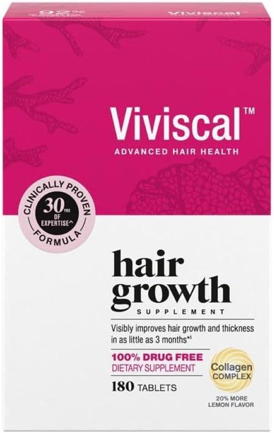Viviscal Hair Growth Supplements for Women, Thicker Fuller Hair Support for Thinning Hair and Hair Loss, with Biotin and Marine Collagen, Drug-Free, 180 Tablets, 90-Day Supply, BBD 12/2028
