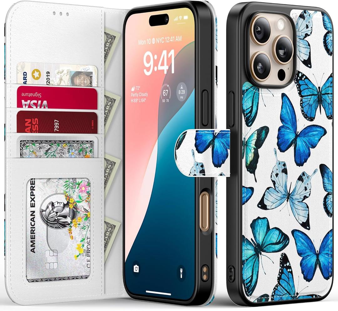 FUNMIKO for iPhone 16 Pro Case Wallet,Detachable Flip Folio Leather Cover,RFID Blocking 4 Card Slots Holder,Magnetic Kickstand,Protective Phone Shell for Women Girls,Blue Butterfly