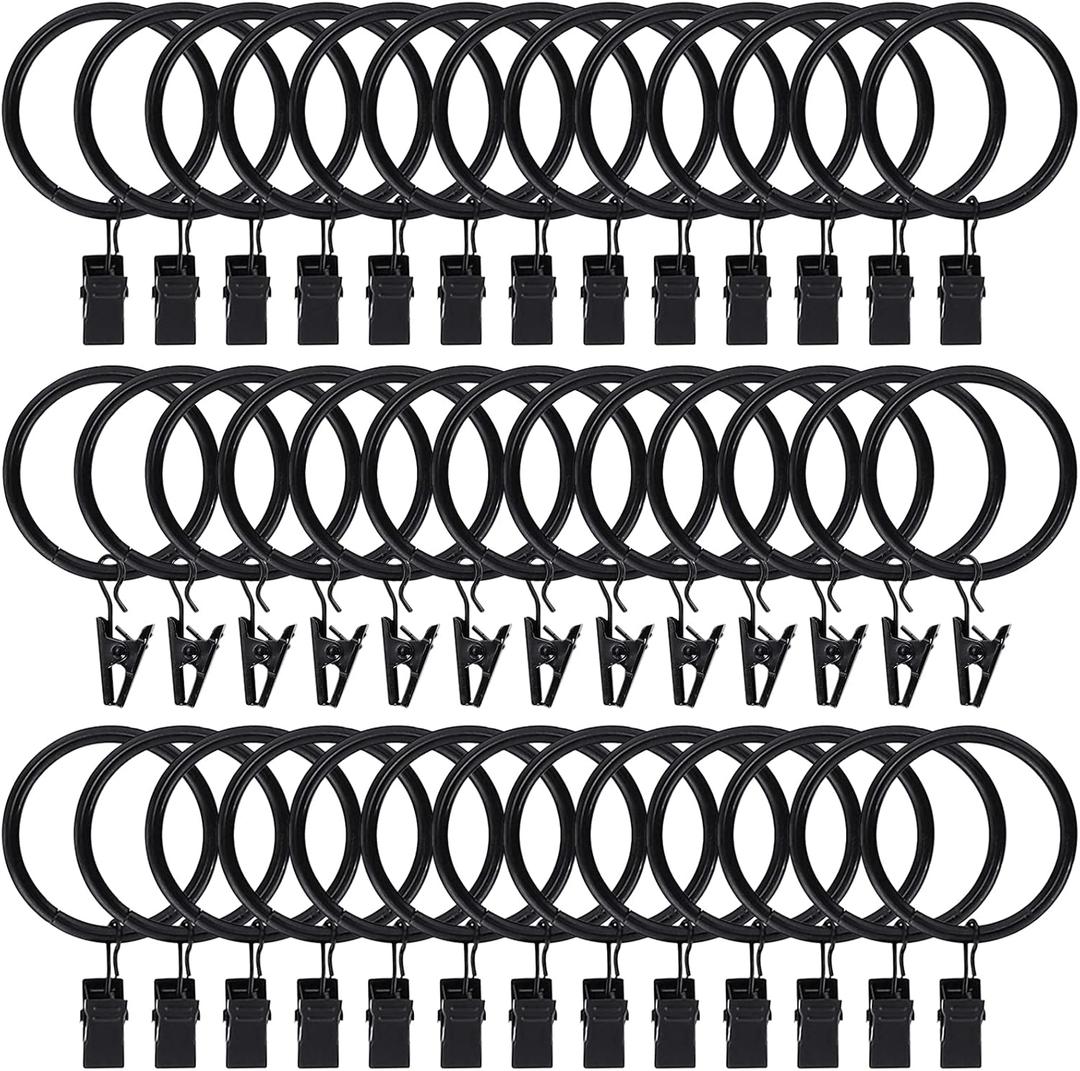 44pcs Curtain Rings with Clips Hooks 1.5 inch Rustproof Matte Metal Stainless Steel Drapery Rings for Tension Rod Bracket Eyelets Decorative Hangers, Vintage Black (1.5" Interior Diameter)