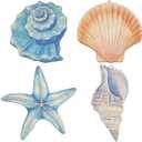 GORGECRAFT 4Pcs Wooden Shell Wall Decor Art Natural Wood Summer Sea Beach Ocean Sculptures Animal Starfish Conch Shells Scallops Nautical Coastal Hanging Ornament for Lake House Bathroom Bedroom Home