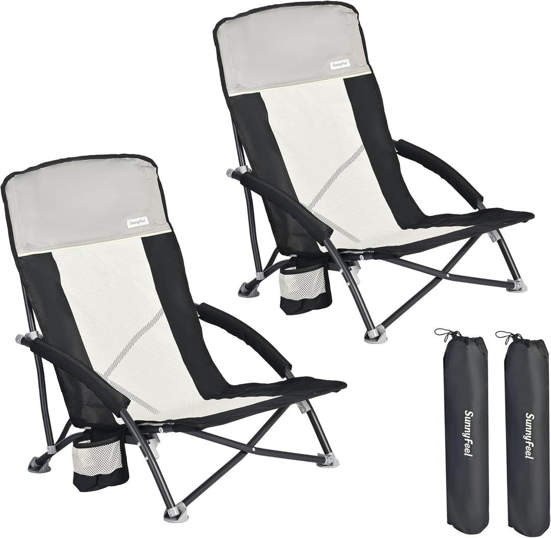 SUNNYFEEL Folding Low Camping Beach Chair 2 Pack, Lightweight Portable Lawn Chair with Mesh Back, Cup Holder for Outdoor/Travel/Picnic/Concert, Foldable Camp Backpack Chair with Carry Bag (Black Grey-2 Set)