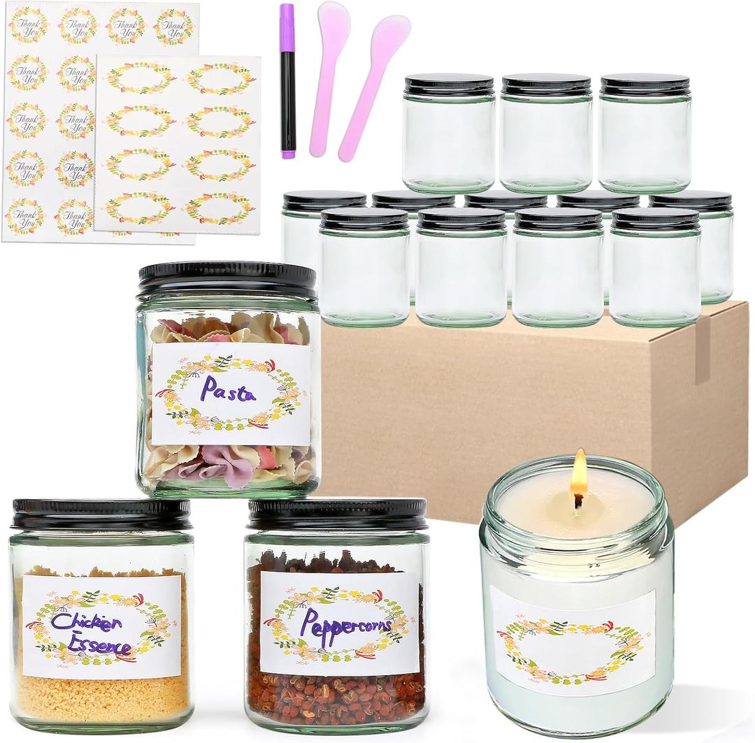 16 Pack Clear Candle Jars for Making Candles,8 oz Glass Jars with Lids, Candle Jars with 16 Metal lids, Canning Jars For Candles, Spice, Powder, Liquid, Sample