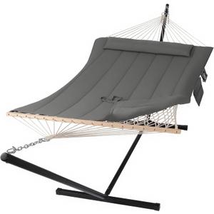 SUNCREAT Double Outdoor Hammock with Stand, Two Person Cotton Rope Hammock with Polyester Pad, Dark Gray