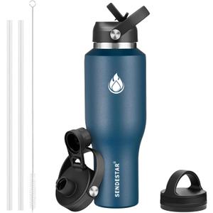 SENDESTAR 40oz Stainless Steel Water Bottle(Cold for 48 Hrs, Hot for 24 Hrs),Double Wall Vacuum Insulated Bottle with Straw Lid, Spout Lid and Flex Cap, Fit in Any Car Cup HolderNavy (Cobalt)