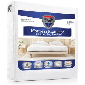 All-in-One Quiet Water Resistant Zip-Up Mattress Protector to Help Protect Against Irritants, Queen, White (FRE146XXWHIT03)