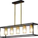 XILICON Brushed Brass+Black l Dining Room Chandeliers Lighting Fixture Linear Pendant Modern 5-Light with Glass Shades Vintage Farmhouse Ceiling Light Hanging for Kitchen Island Cafe Bar