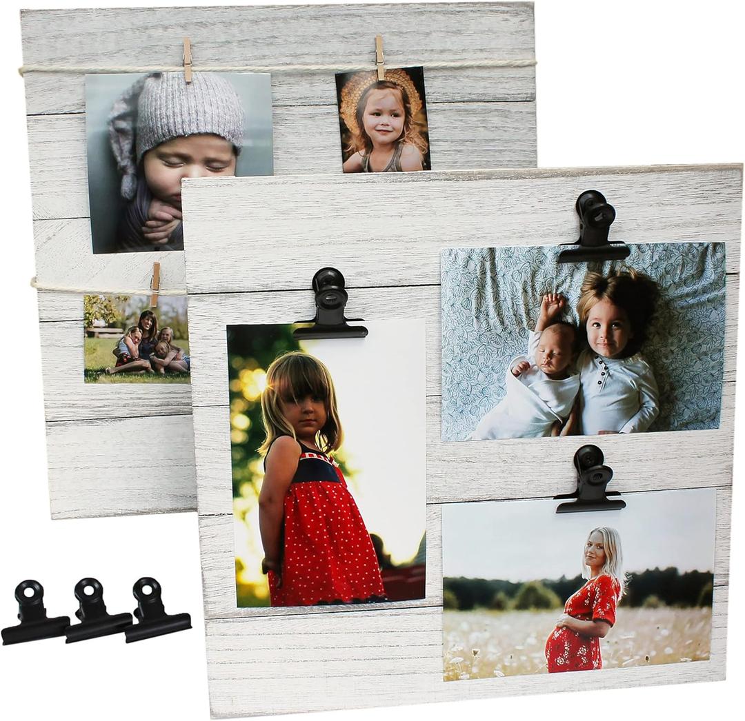 Collage Picture Board Set. DIY Photo Display with Clips. Rustic White Wood Picture Holder (4x6), 1 Pack 